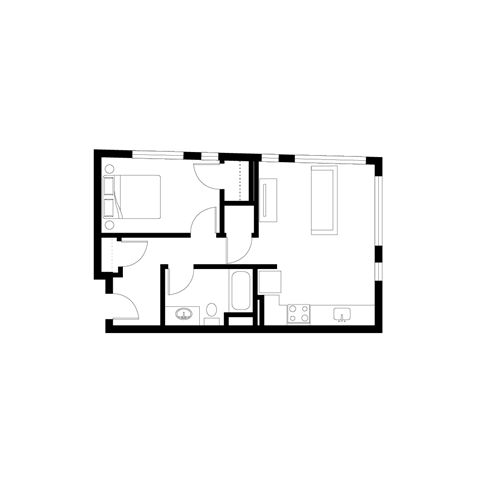 Floor plan for 1 bed, 1 bath, 654 sqft